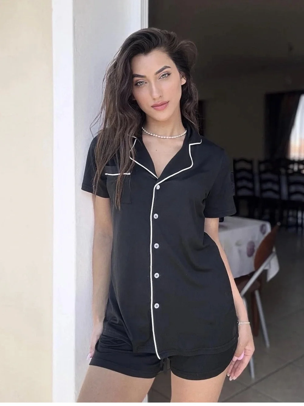 Black Short-Sleeve Pajama Set with Contrast Piping